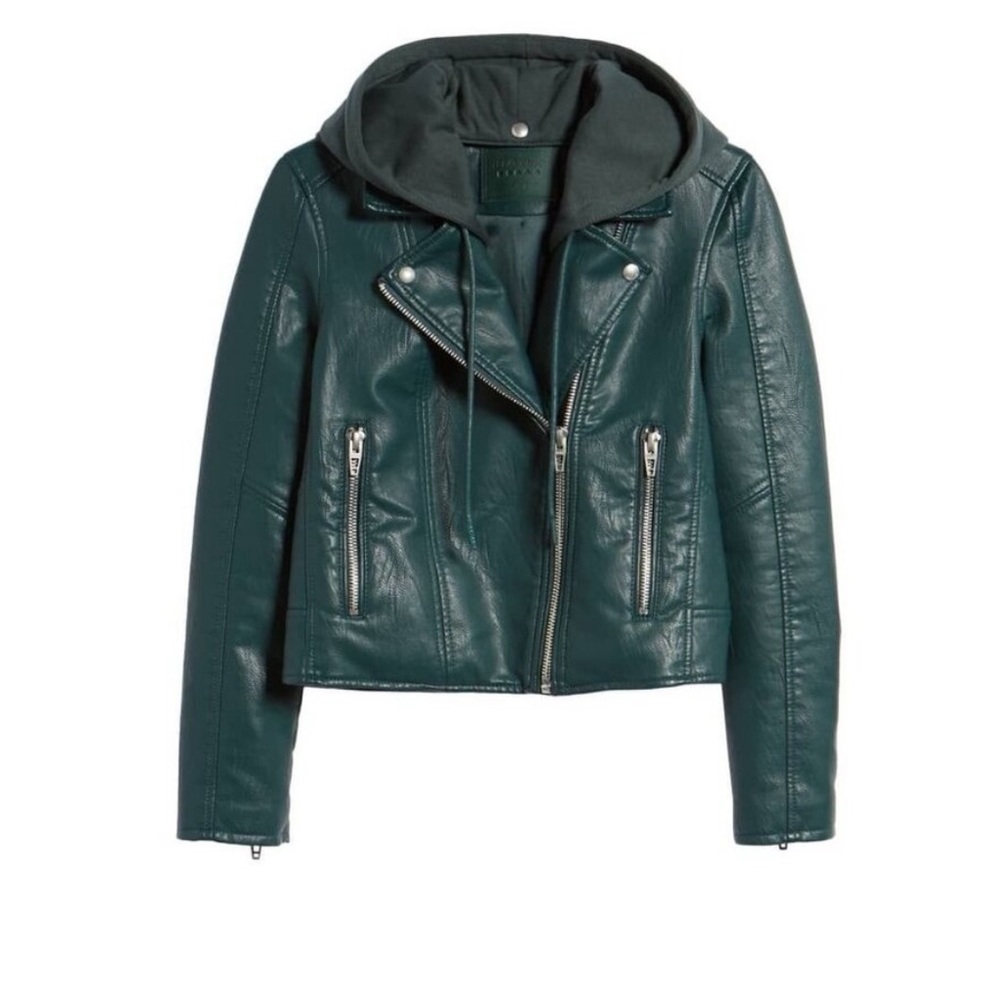 Blank NYC moto leather jacket with removable hood NWOT teal green